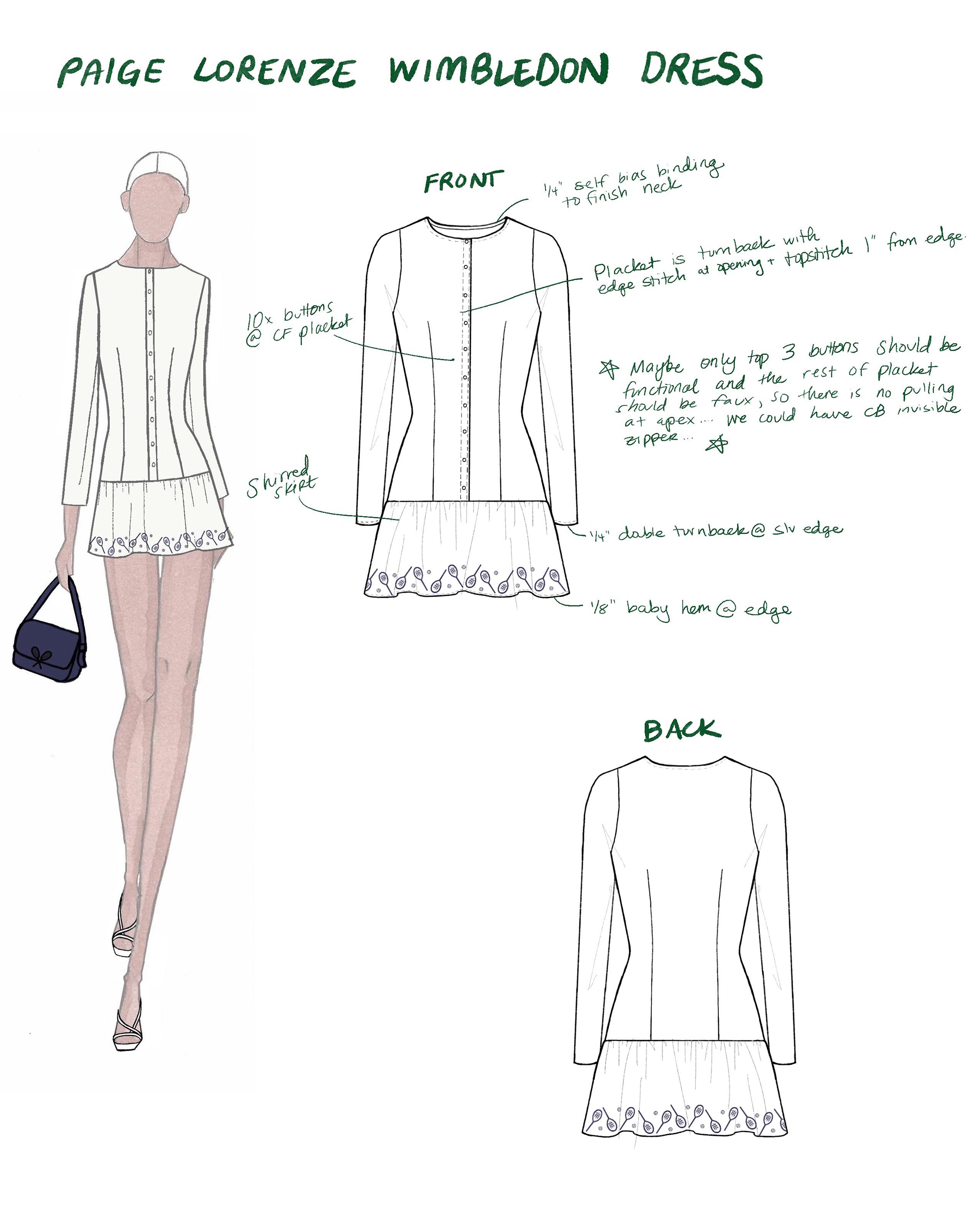 Sketch of Paige Lorenze's custom Wimbledon dress.