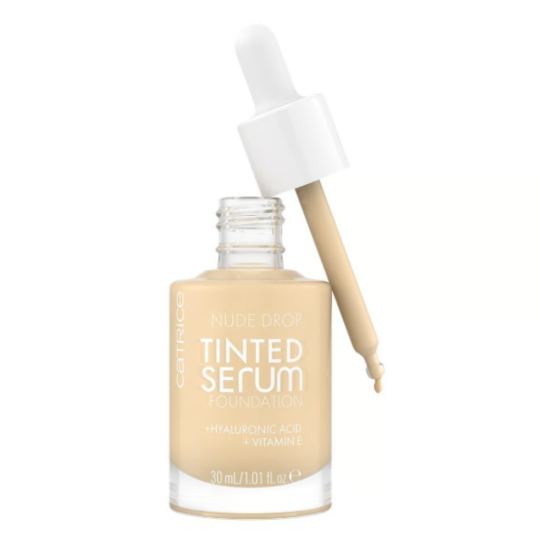 A product shot of the Catrice Nude Drop Tinted Serum Foundation, on a white background