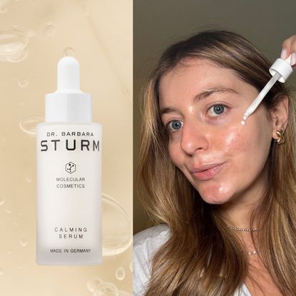 samantha holender applying a serum to her face next to two white serum bottles