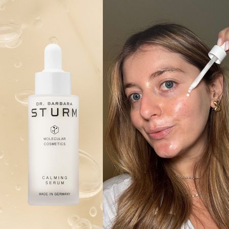 samantha holender applying a serum to her face next to two white serum bottles