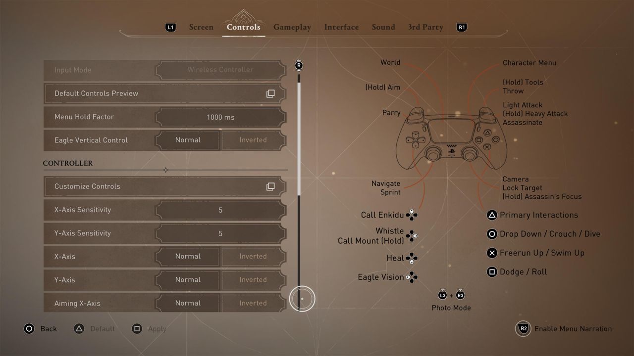 Screenshots of menus from Assassin's Creed Mirage