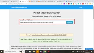 Screengrab showing Twitter Video Downloader with a URL ready for downloading