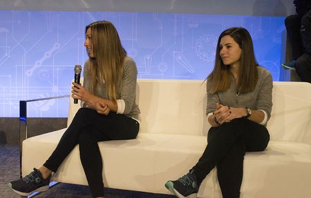 Mavi Garcia and Lourdes Oyarbide speak to the audience at the Movistar Team presentation