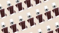 A collage of essie's Gel Couture nail polish in shade All Checked Out ( a warm, chocolate brown with purple undertones), repeated in a diagonal, repeated pattern across a cream template