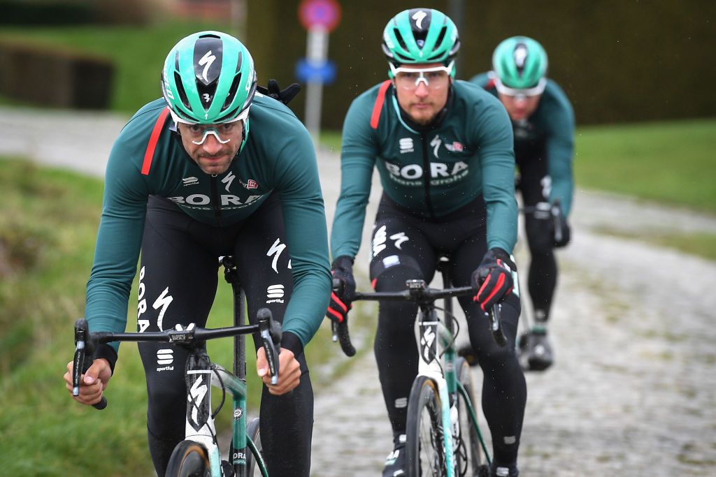 BoraHansgrohe riders pictured in action during the reconnaissance of the track ahead of the 75th edition of the oneday cycling race Omloop Het Nieuwsblad Wednesday 26 February 2020 BELGA PHOTO DAVID STOCKMAN Photo by DAVID STOCKMANBELGA MAGAFP via Getty Images