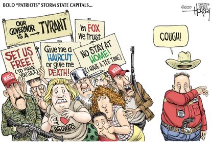 Political Cartoon U.S. protesters storm state capital stay at home scared