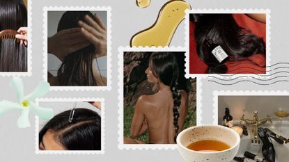 Traditional Indian hair oiling collage.