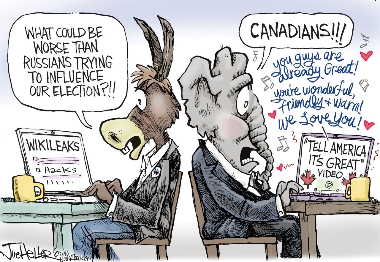 Political cartoon U.S. foreign relations Russia Canada GOP Democrats