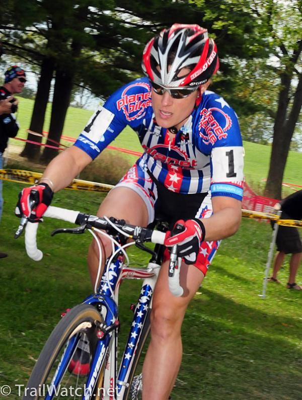 Katie Compton (Planet Bike) giving it maximum power on the flats.