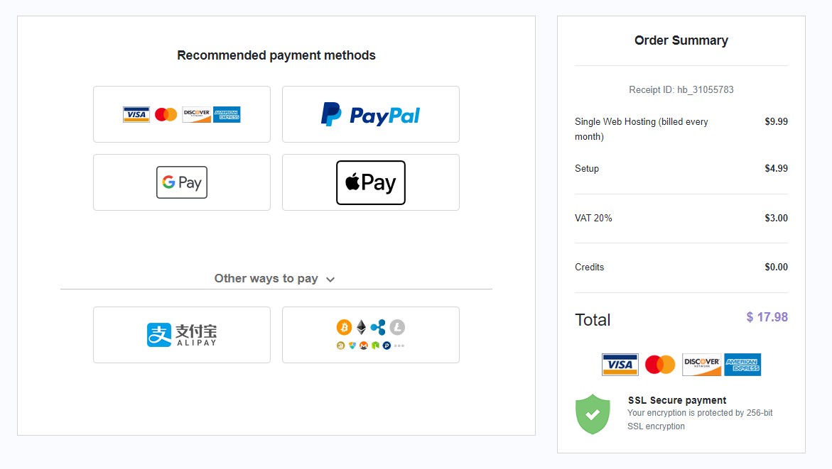 Popular payment methods in a window