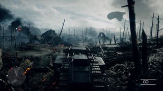 Tank som kör genom ingenmansland i Battlefield 1.