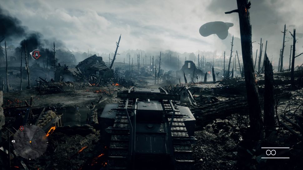 Tank driving through no man's land in Battlefield 1