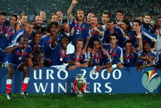 France players celebrate with the trophy after winning Euro 2000