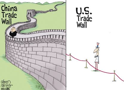 Political cartoon U.S. Trump trade war steel tariffs China versus United States