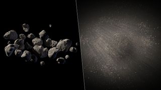 Illustrated in this artist concept are two possible structures for asteroid 2011 MD. NASA Spitzer infrared camera helped reveal that this asteroid consists of about two-thirds empty space.