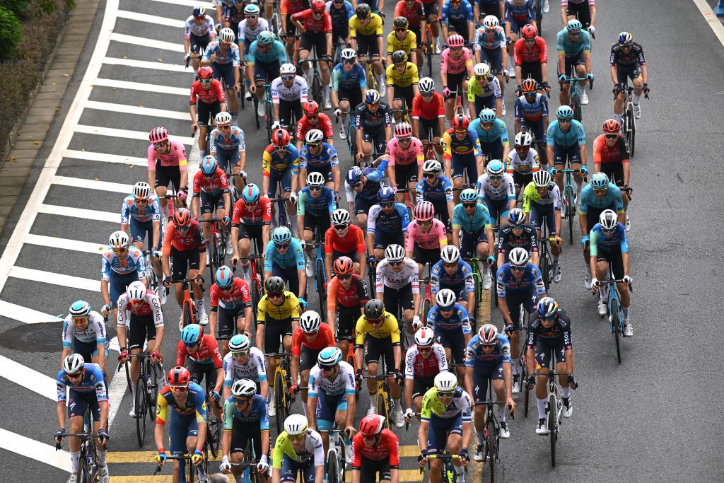 FANGCHENGGANG CHINA OCTOBER 15 A general view of the peloton prior to the 5th GreeTour Of Guangxi 2024 Stage 1 a 1493km stage from Fangchenggang to Fangchenggang UCIWT on October 15 2024 in Fangchenggang China Photo by Dario BelingheriGetty Images