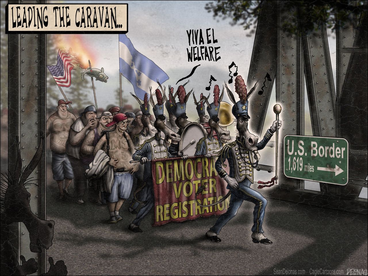 Political cartoon U.S. democrats immigration Honduran caravan border voter registration midterms