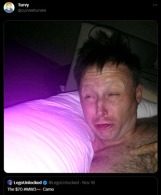 An image of scottish comedian Limmy squinting in bed, used as a meme reaction to a $70 gun skin in Modern Warfare 3