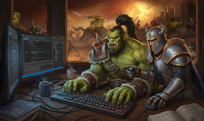 Two characters from Warcraft sitting at a PC coding. 