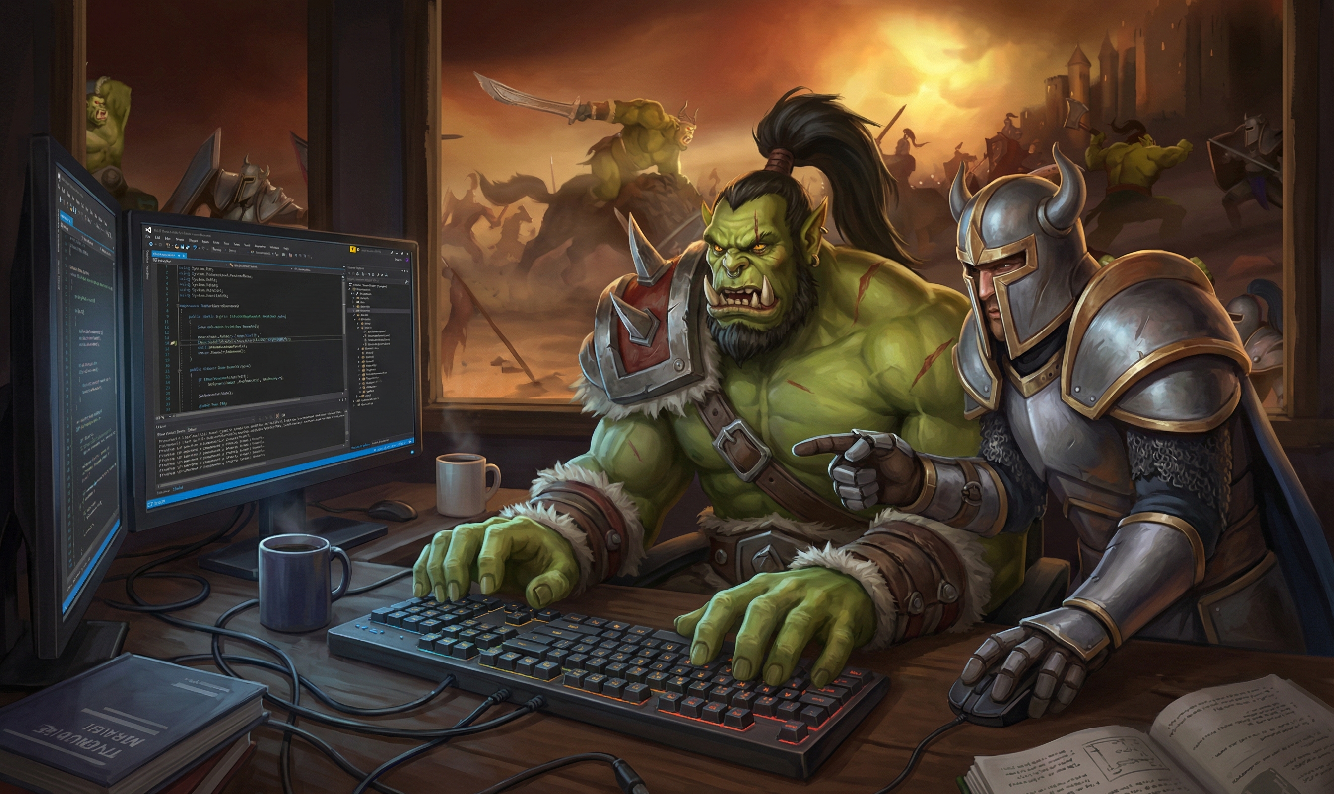 Two characters from Warcraft sitting at a PC coding. 