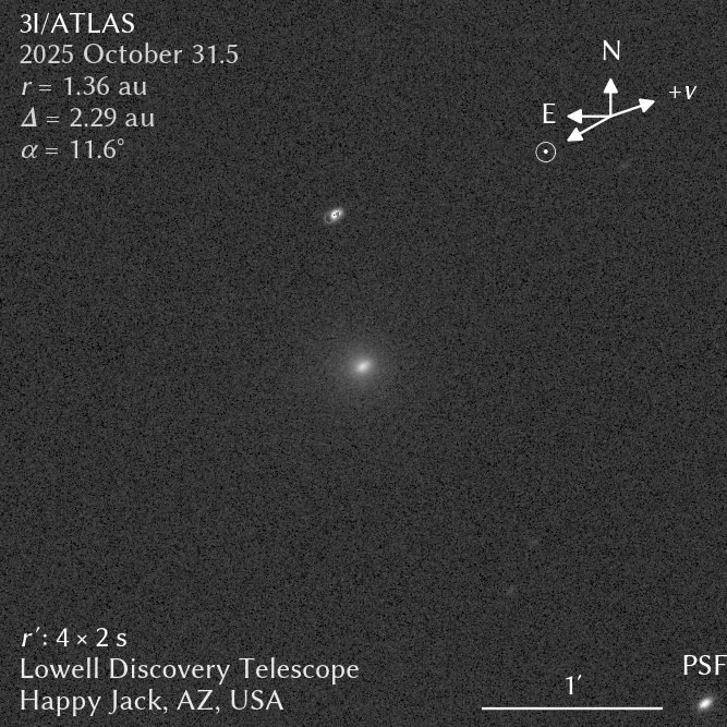 A optical image of Comet 3I/ATLAS on Halloween. The comet appears as a blurry white dot in the center of the image.