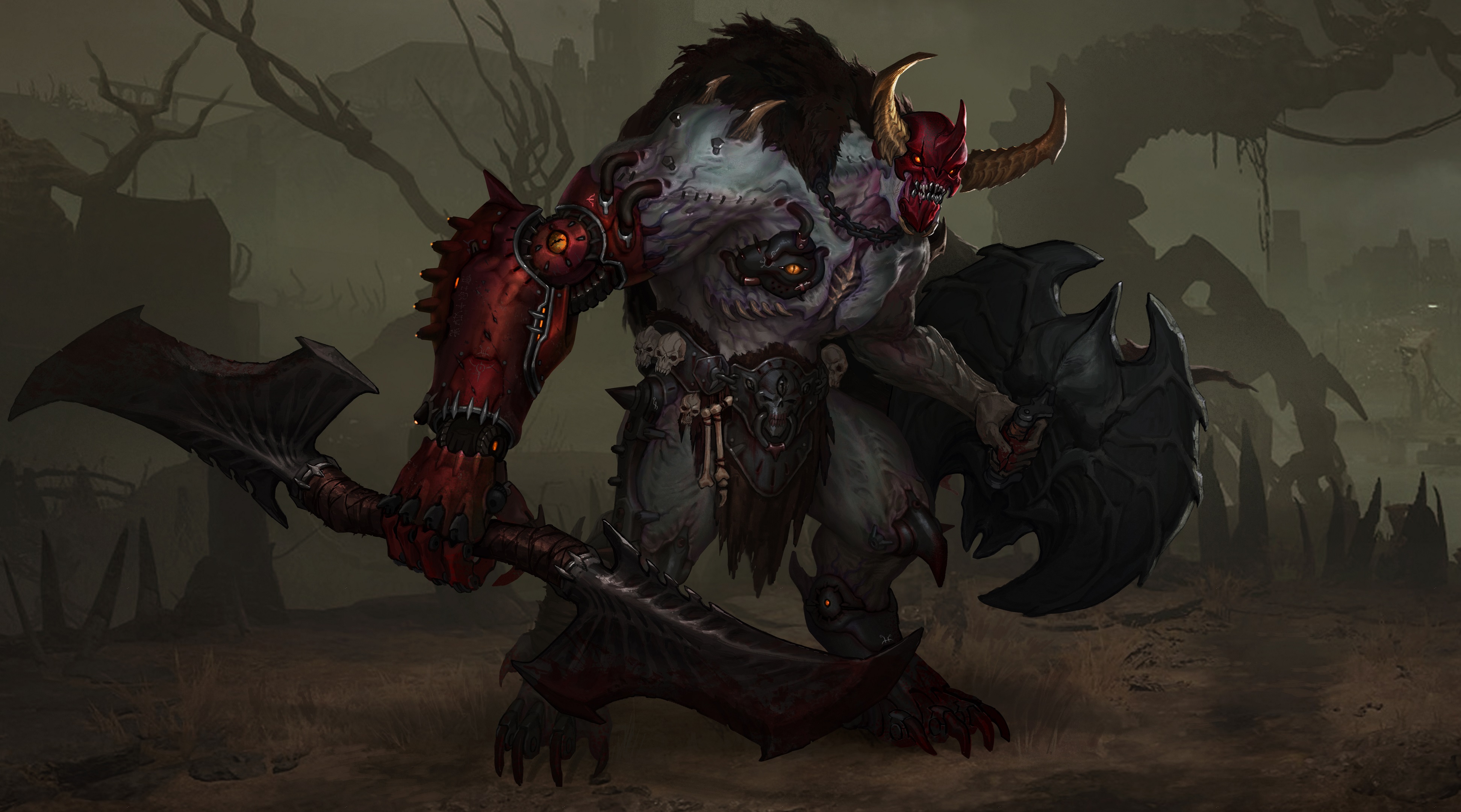 Concept art of the Agadon Hunter, a large enemy carrying a shield and double bladed sword, in Doom: The Dark Ages