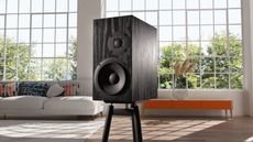 OePhi Lounge 2 speakers in a brightly lit room with greenery visible through a large window behind the speaker