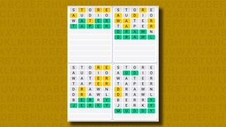 Quordle Daily Sequence answers for game 1049 on a yellow background