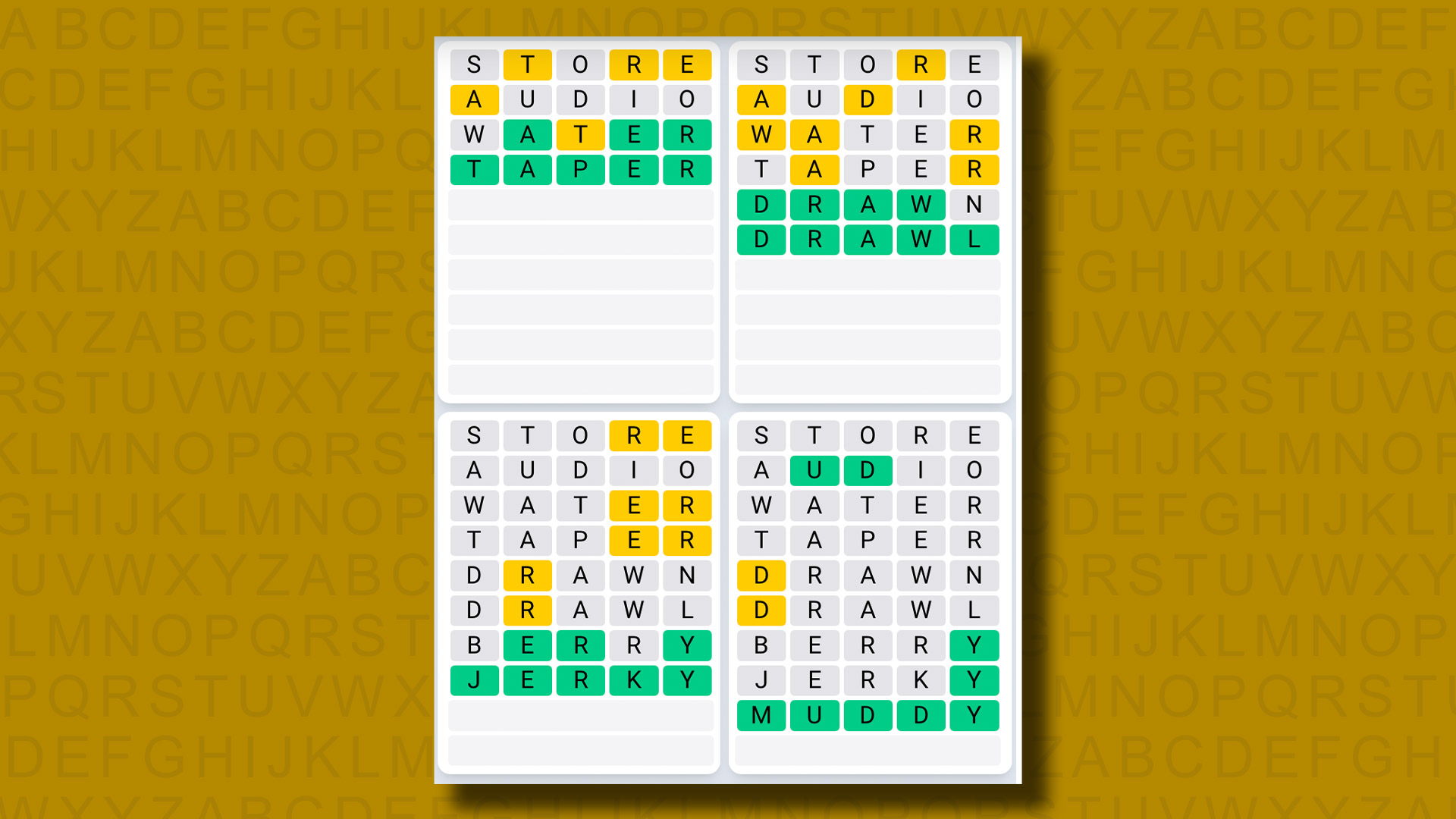 Quordle Daily Sequence answers for game 1049 on a yellow background