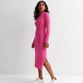 New Look Petite Pink Ribbed Knit High Neck Midi Dress