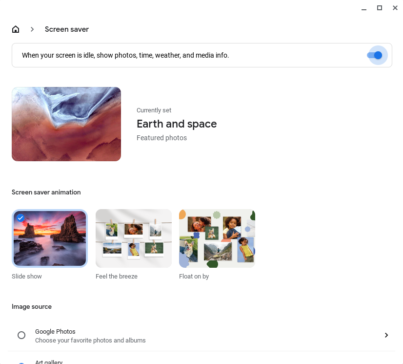 Screen saver settings UI on Chromebook