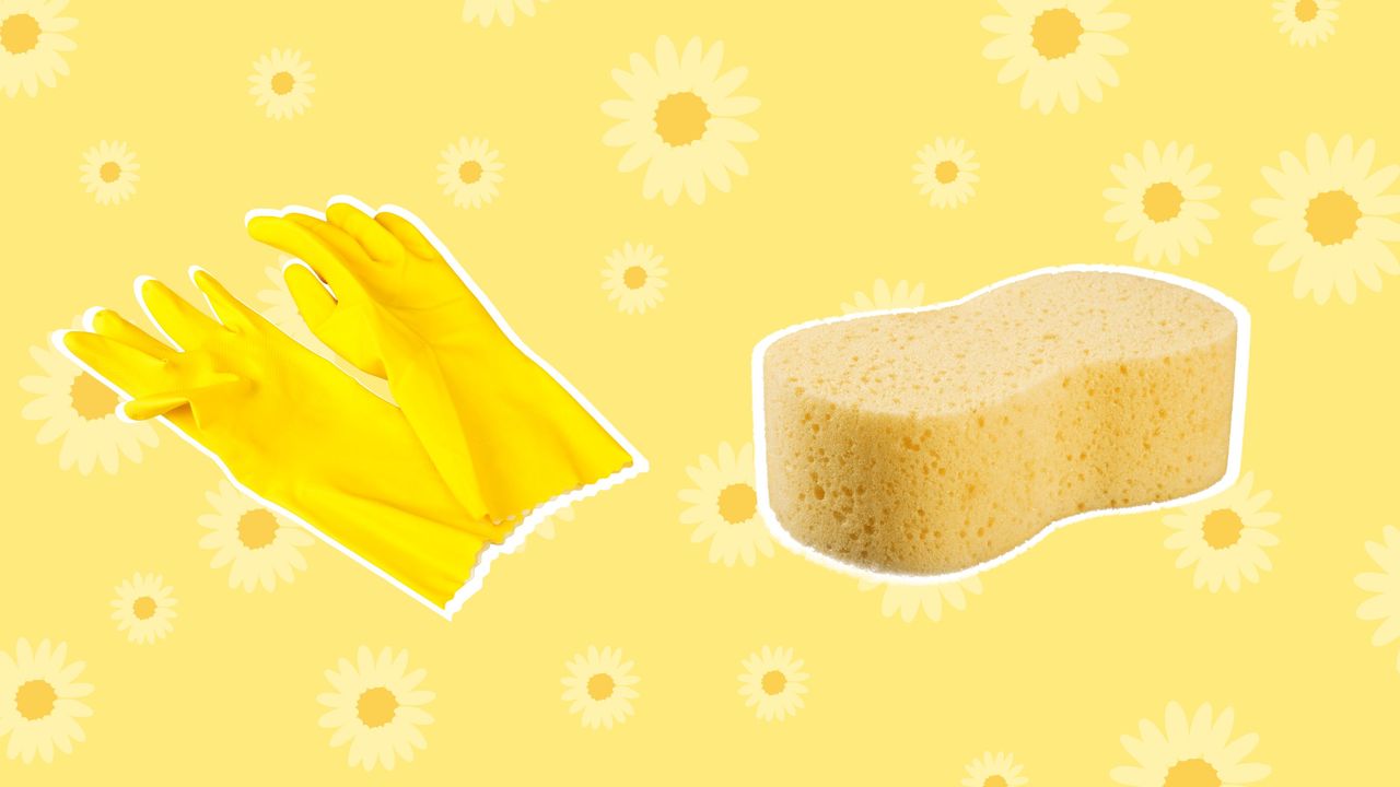 Rubber gloves and a sponge on a yellow background with daisies