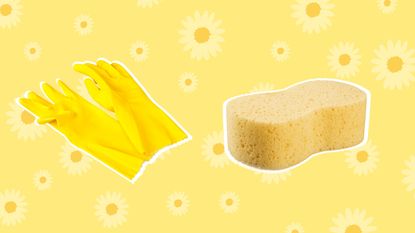 Rubber gloves and a sponge on a yellow background with daisies