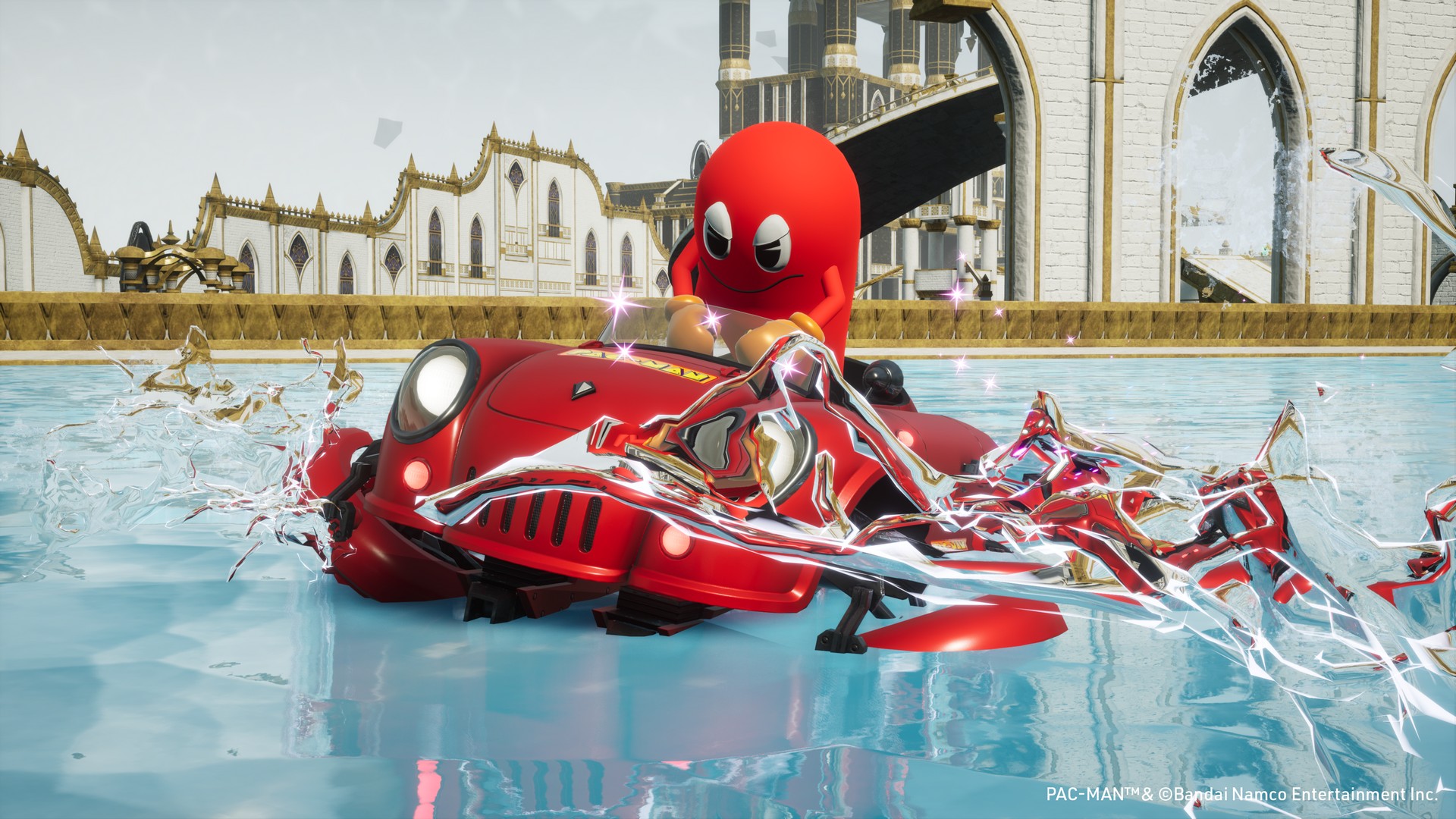 The red ghost in a red car from Pac-Man drifts over water in Sonic Racing: CrossWorlds
