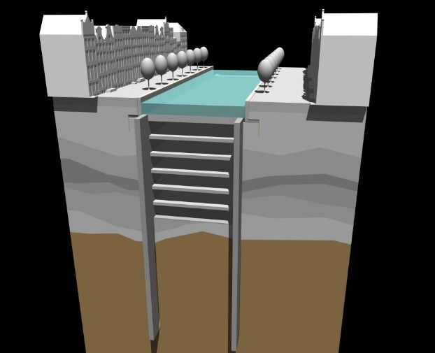A rendering by Dutch architect Moshe Zwarts from 2008 proposed creating a cityscape underneath Amsterdam.