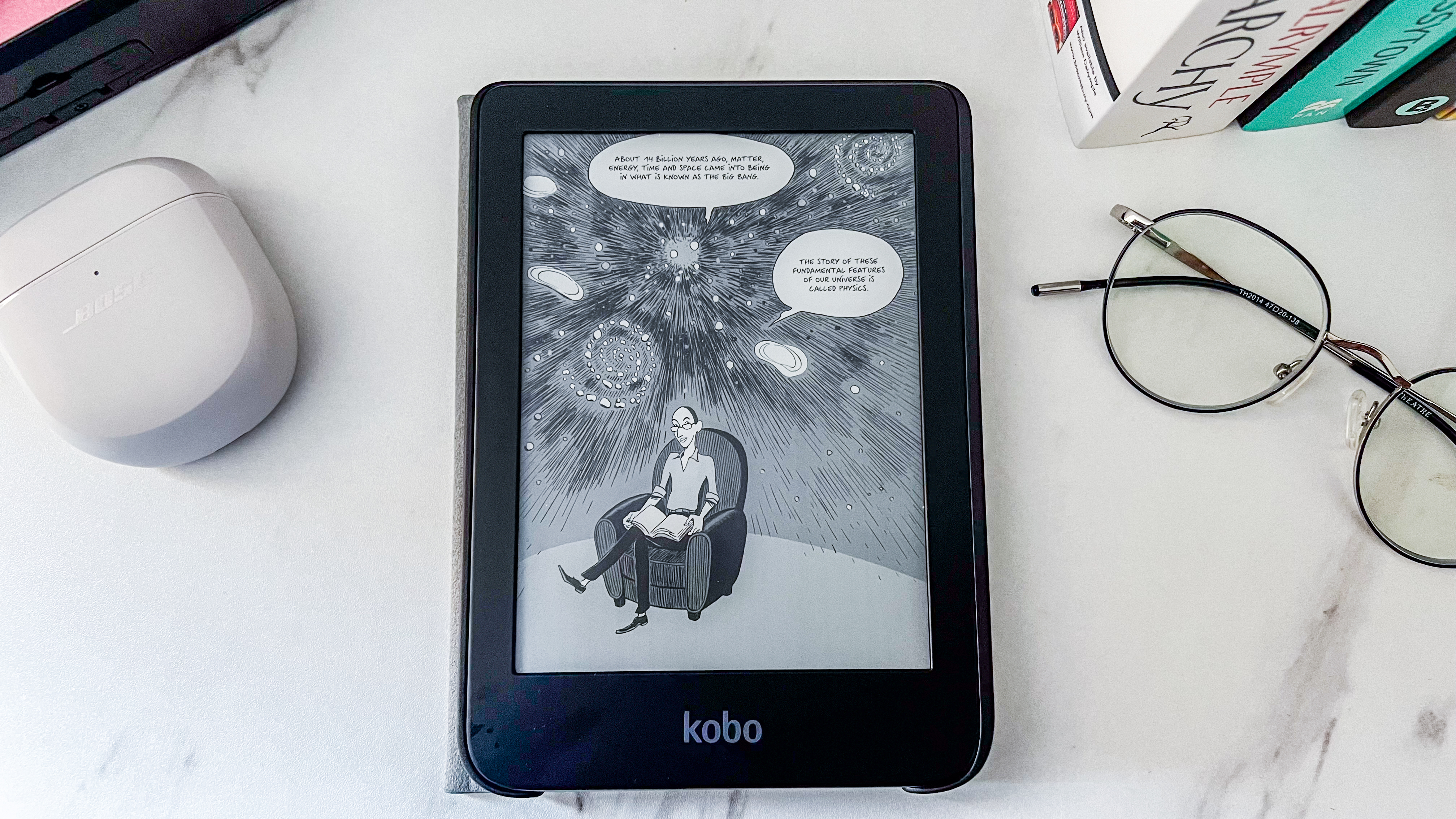 A page from a graphic novel displayed on the Kobo Clara BW