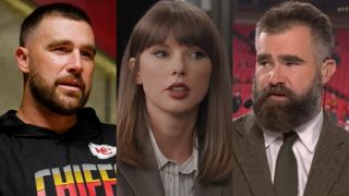 From left to right: Travis Kelce during an interview on Monday Night Countdown, Taylor Swift in the Emmys Law and Order bit and Jason Kelce talking on Monday Night Countdown.