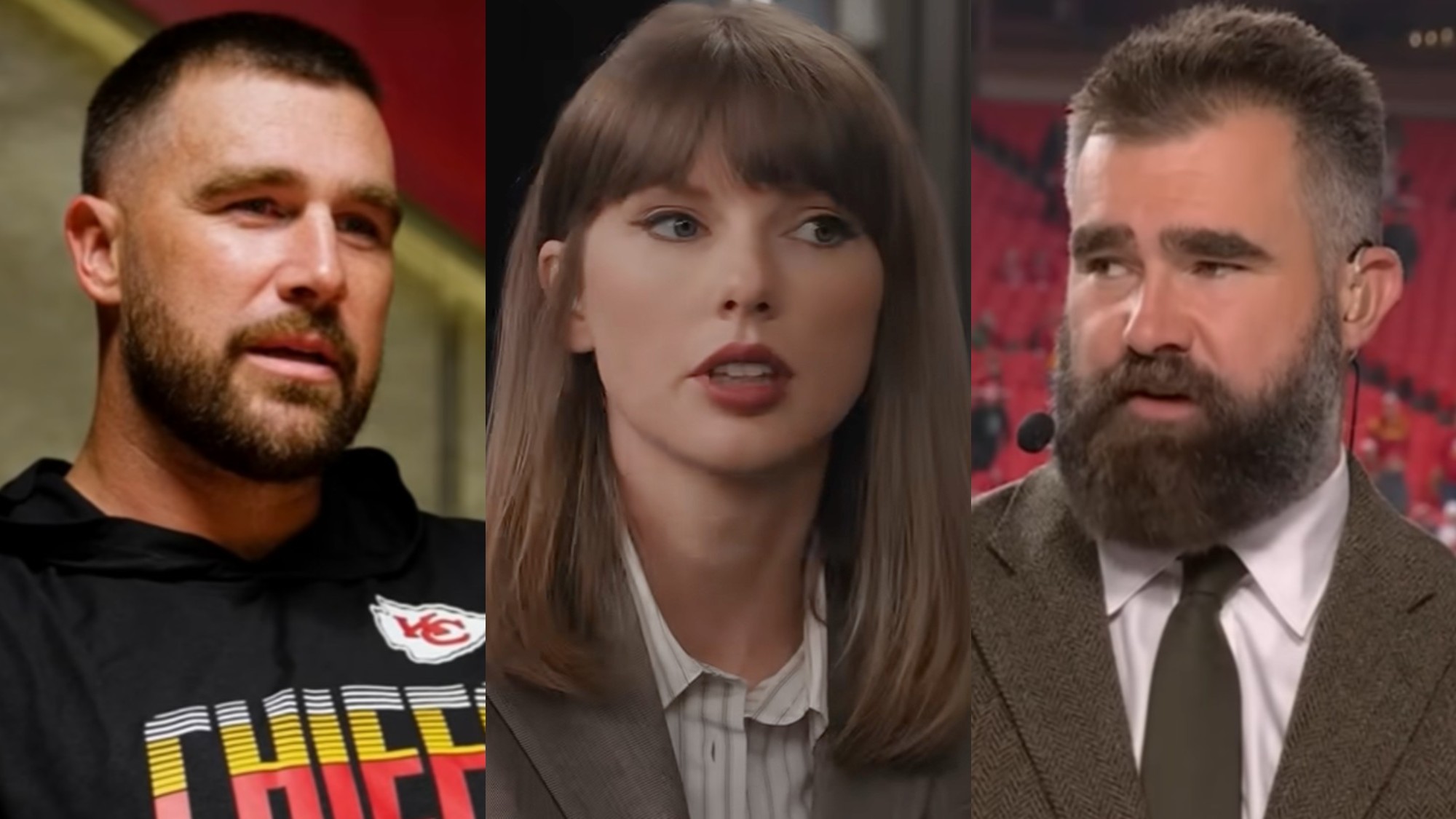 From left to right: Travis Kelce during an interview on Monday Night Countdown, Taylor Swift in the Emmys Law and Order bit and Jason Kelce talking on Monday Night Countdown.