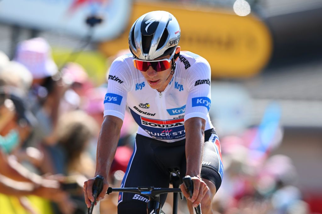 SUPERDEVOLUY LE DEVOLUY FRANCE JULY 17 Remco Evenepoel of Belgium and Team Soudal QuickStep White Best Young Rider Jersey crosses the finish line during the 111th Tour de France 2024 Stage 17 a 1778km stage from SaintPaulTroisChateaux to Superdevoluy 1500m UCIWT on July 17 2024 in Superdevoluy Le Devoluy France Photo by Dario BelingheriGetty Images