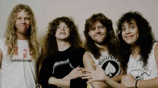 Metallica in 1987 posing against a white wall