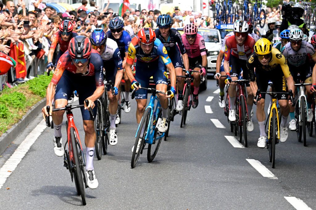 SAN SBASTIN SPAIN JULY 02 LR Tom Pidcock of United Kingdom and Team INEOS Grenadiers Giulio Ciccone of Italy and Team LidlTrek and Jonas Vingegaard of Denmark and Team JumboVisma attack during the stage two of the 110th Tour de France 2023 a 2089km stage from VitoriaGasteiz to San Sbastin UCIWT on July 02 2023 in San Sbastin Spain Photo by Bernard Papon PoolGetty Images