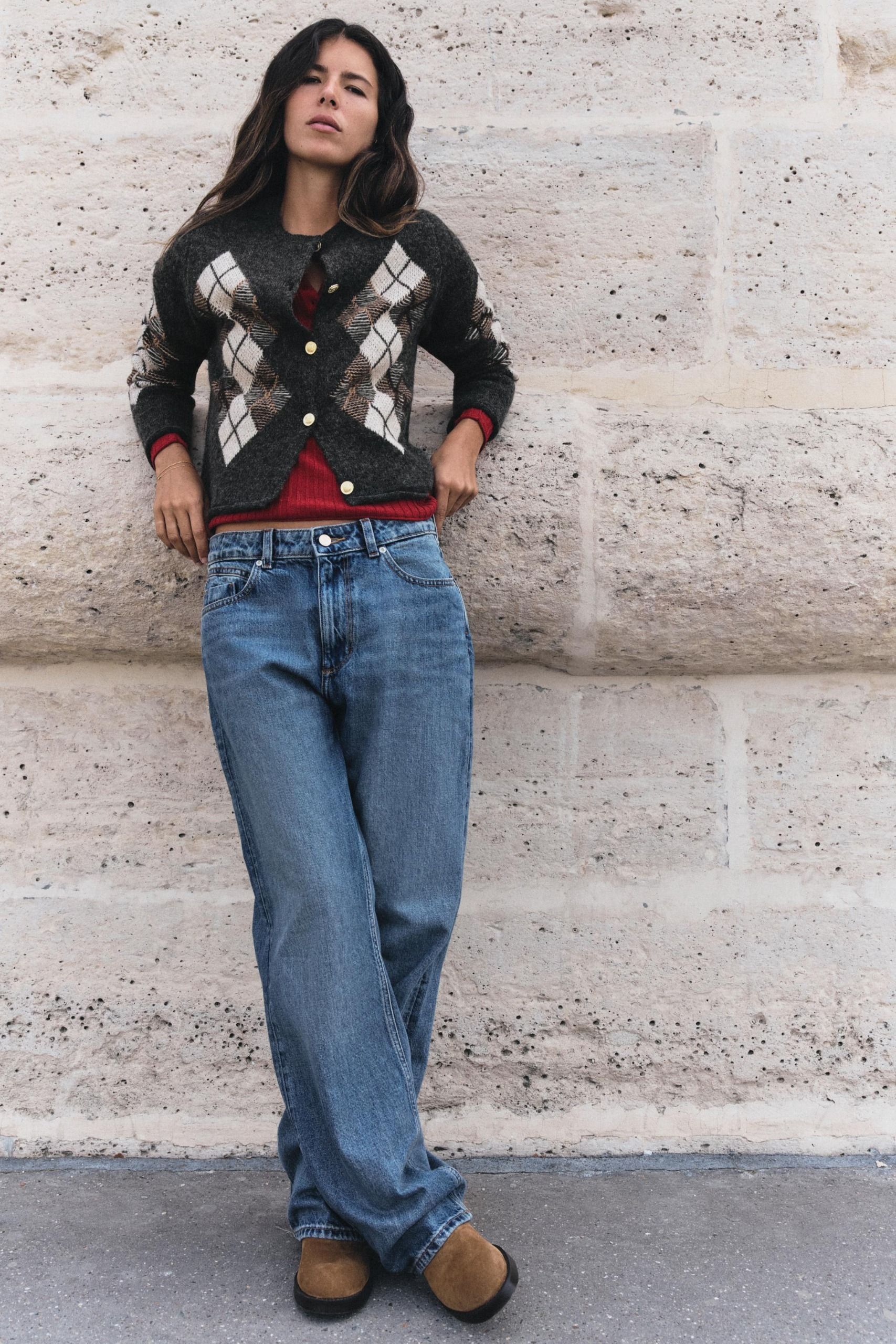 Argyle Knit Cardigan - Grey - S