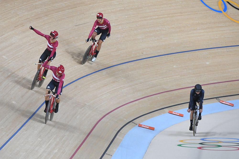 Denmark's team pursuit riders celebrate their bronze medal ride.