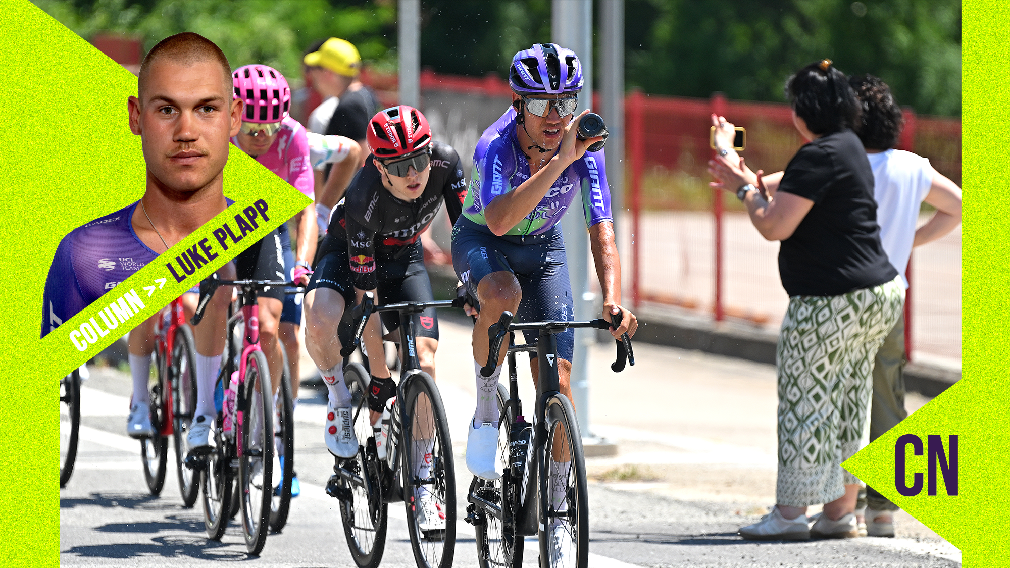 Luke Plapp riding in the 2026 Tour de France, spraying water over himself. Image overlaid with a headshot of Plapp, as a Cyclingnews columnist.