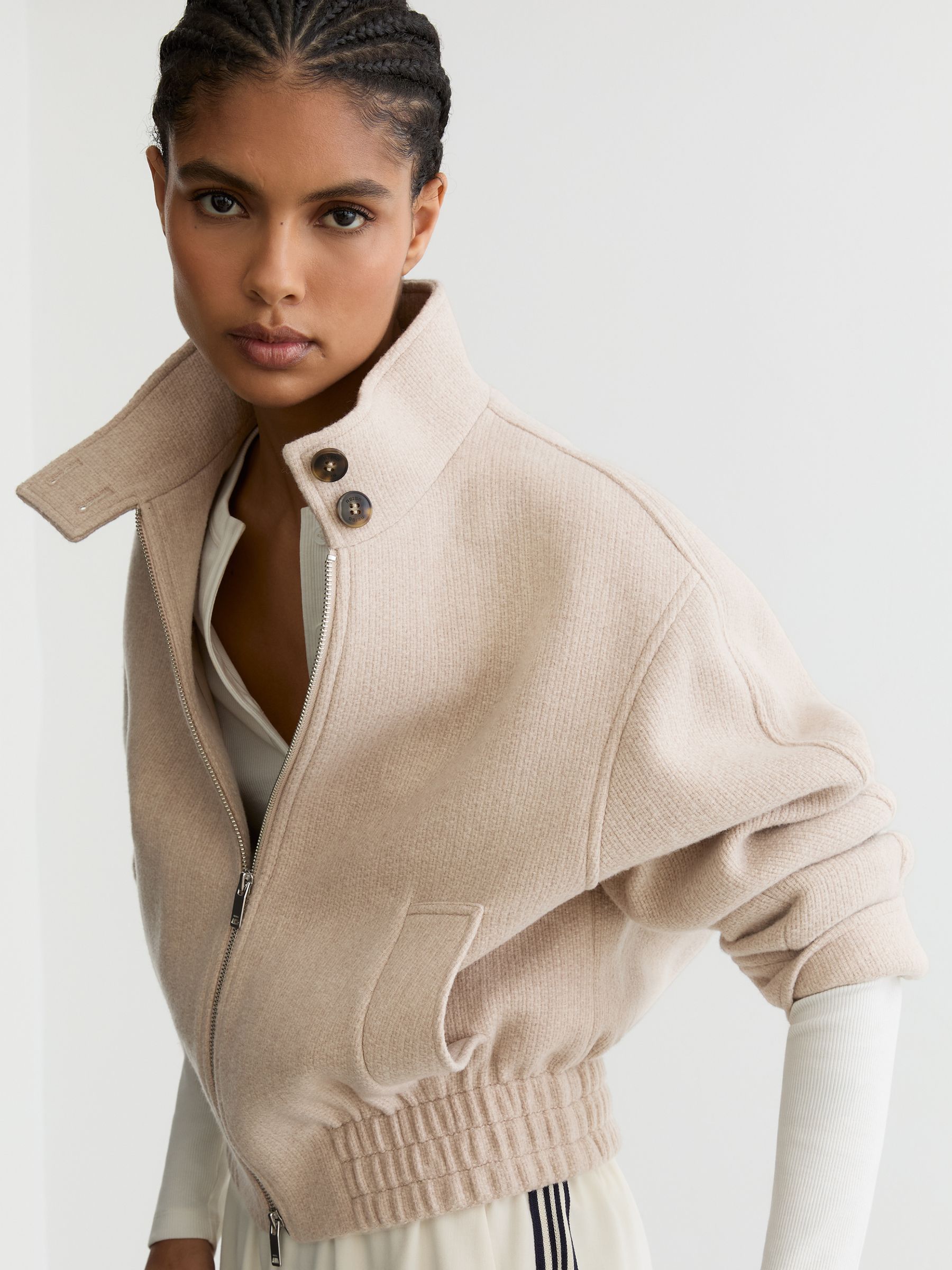 Wool Funnel-Neck Bomber Coat in Neutral