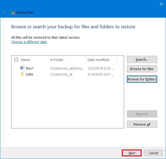 Windows 10 backup file and folder recovery