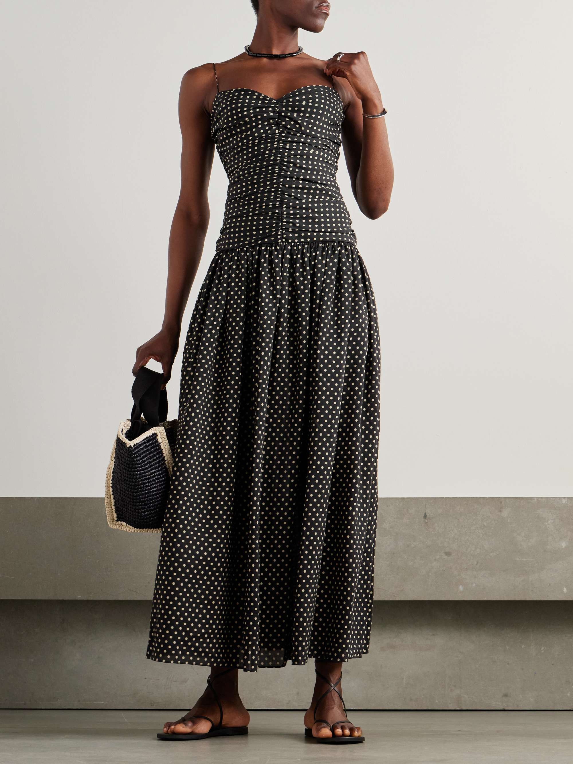 Gathered dot organic cotton and silk mix Midi dress