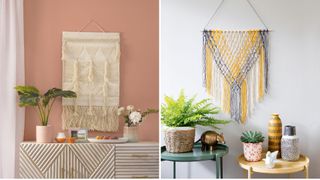 collage of two walls with decorative embroidered wall hangings to decorate walls without painting