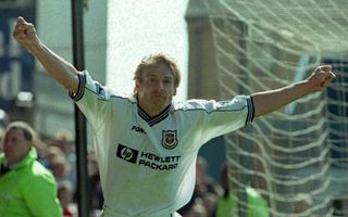 Jurgen Klinsmann celebrates after scoring for Tottenham against Wimbledon, 1998