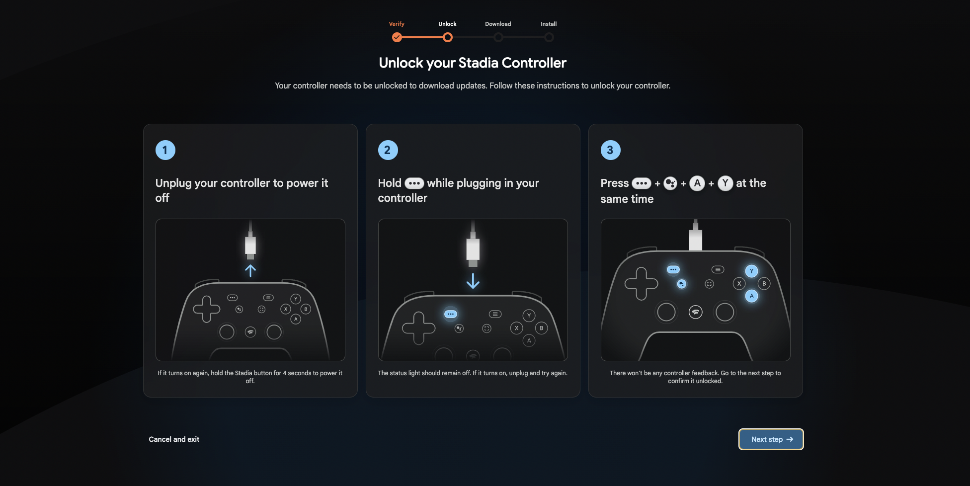 Steps showing how to unlock the Stadia controller to enable firmware updates: Unplug the controller, hold the Options button while plugging it back in, and press Options + Assistant + A + Y at the same time to enable the mode.